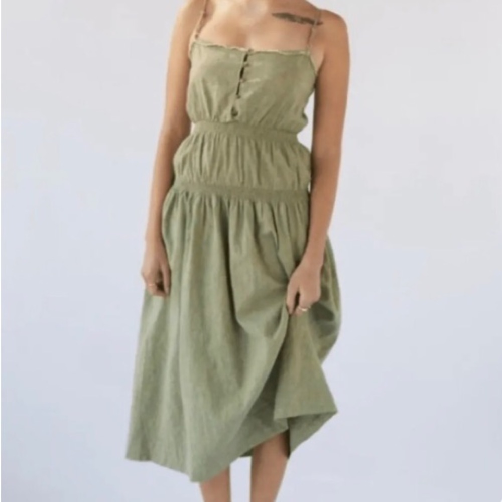 Urban Outfitters Ella Linen Dropped Waist Midi Dress Green Olive Moss